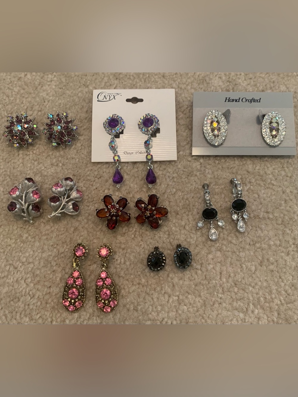 Lot of 8 Vintage Rhinestone Crystal Clip-On Earrings Glam Costume Fashion Drag